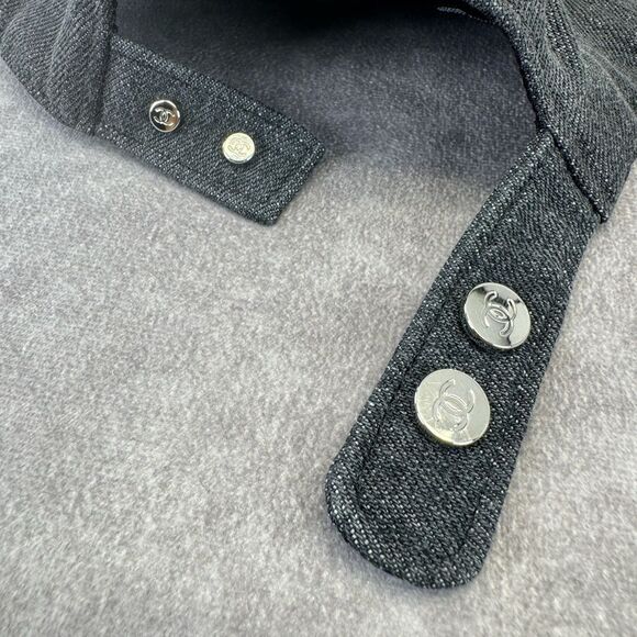 Chanel 22P Black Denim Sequin CC White Logo Baseball Cap Curved Peak Hat
